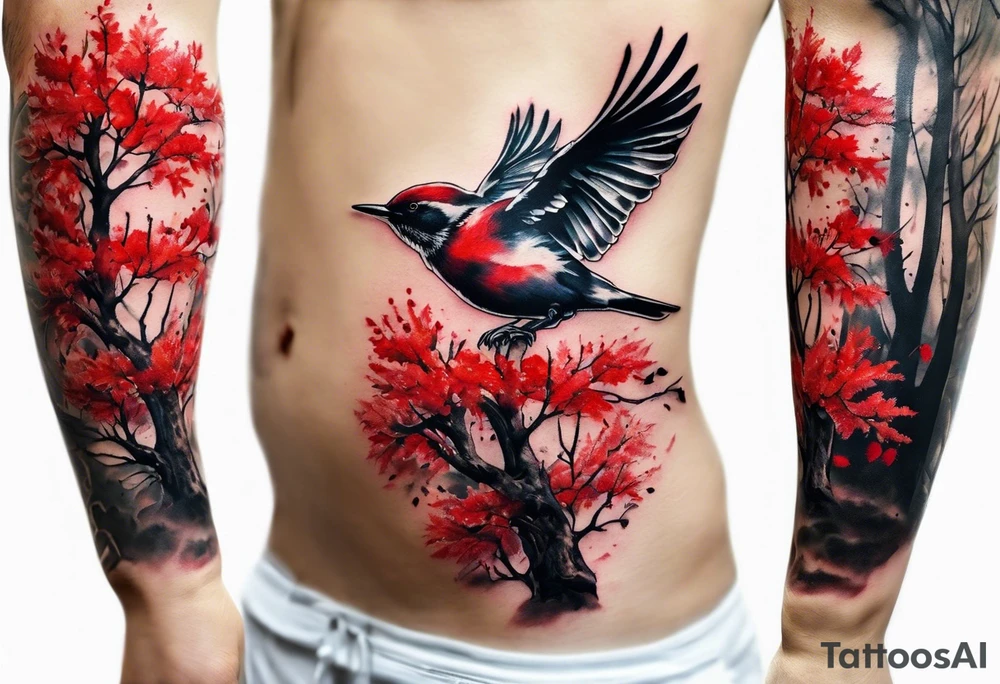 trash polka style. Arm tattoo. chest tattoo. Long tattoo. large tattoo. Full sleeve. Shoulder. A single large maple tree with red autumn leaves that branches upwards from wrist to shoulder. White-throated dipper bird on the trees branches. Calluna flowers at the base of the trees stem. Tree stem has dark colors. Red/yellow sunset behind the trees stem. Leaves falling. tattoo idea