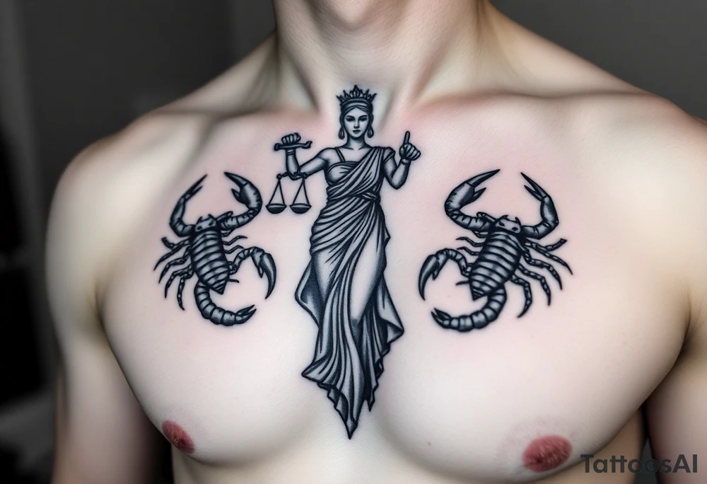 The figure of Lady Justice next to two Scorpions tattoo idea