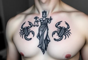 The figure of Lady Justice next to two Scorpions tattoo idea
