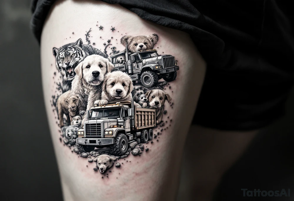 Dawson and Dakota spelled with legos and trucks and animals tattoo idea