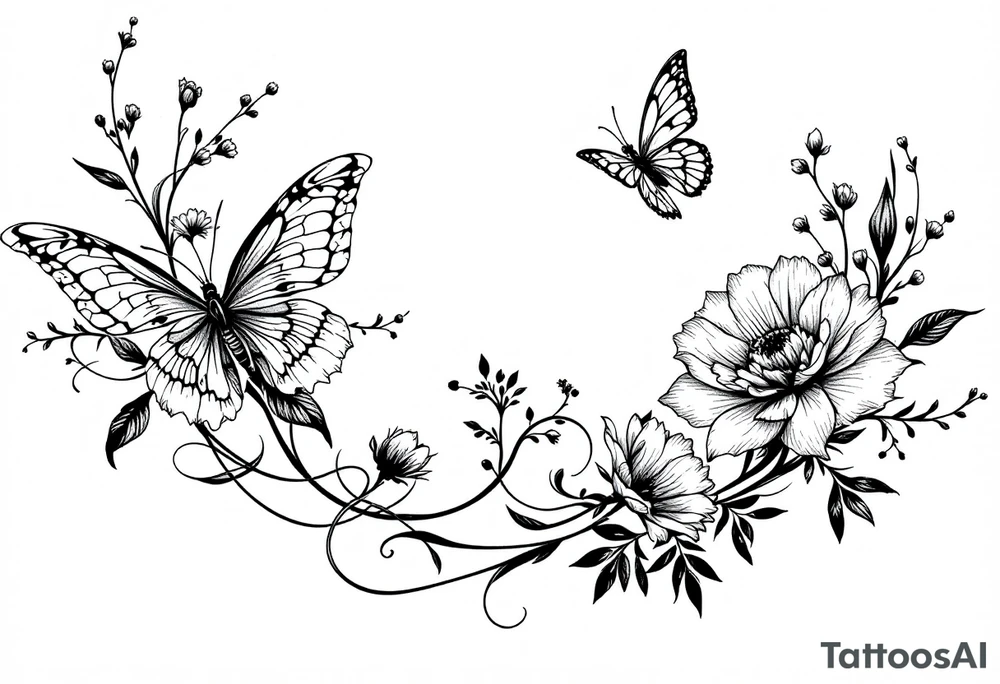 Flowers, heart and buttherfly with name Zackary and Charlie tattoo idea