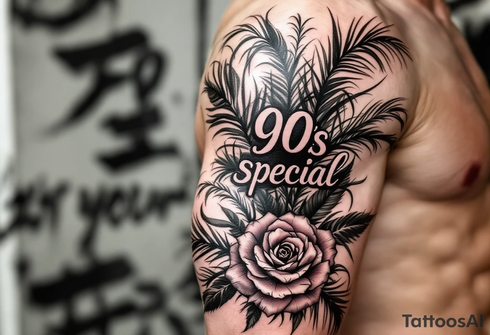 90s special font in cursive Dunning, with big jungle leaves, roses,palm trees, tattoo idea