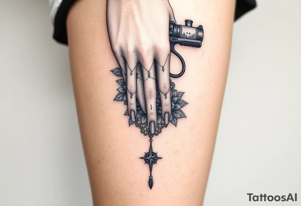 Feminine hand with gun, lace, compass and lipstick tattoo idea