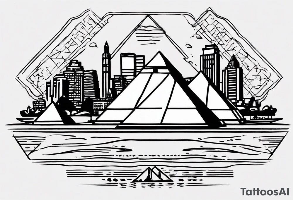 design featuring the Pyramids of Giza gracefully merging with the Manhattan skyline. Integrate the Nile River flowing into the Hudson River to symbolize your cultural journey. Keep the design clean and impactful, focusing on key elements to maintain a timeless and meaningful representation of your identity and experiences. tattoo idea
