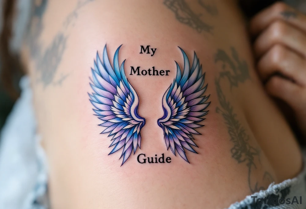A pair of angel wings in light blue and lavender with “My Mother, My Guide” between them. tattoo idea