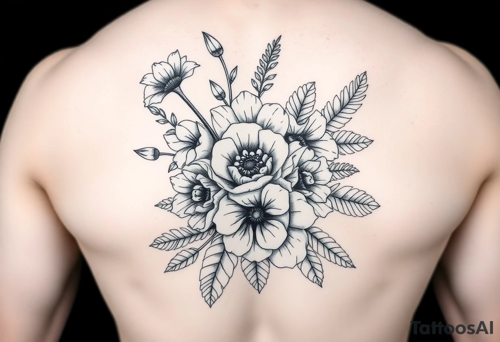 Bouquet made of daisy, Lilly of the valley, rose, poppy with exotic foliage like fern leaves and Monstera for arm sleeve
Make them more visible tattoo idea