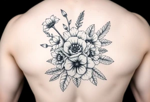 Bouquet made of daisy, Lilly of the valley, rose, poppy with exotic foliage like fern leaves and Monstera for arm sleeve
Make them more visible tattoo idea