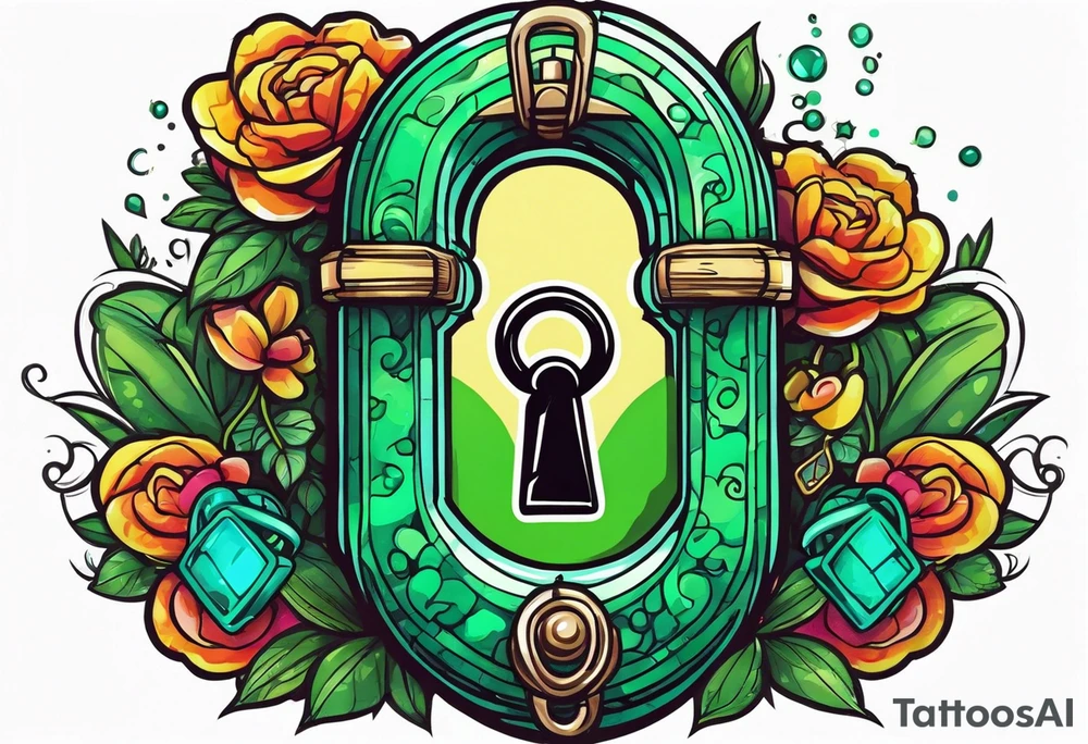 Lock and key with emerald stone tattoo idea