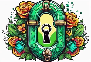 Lock and key with emerald stone tattoo idea