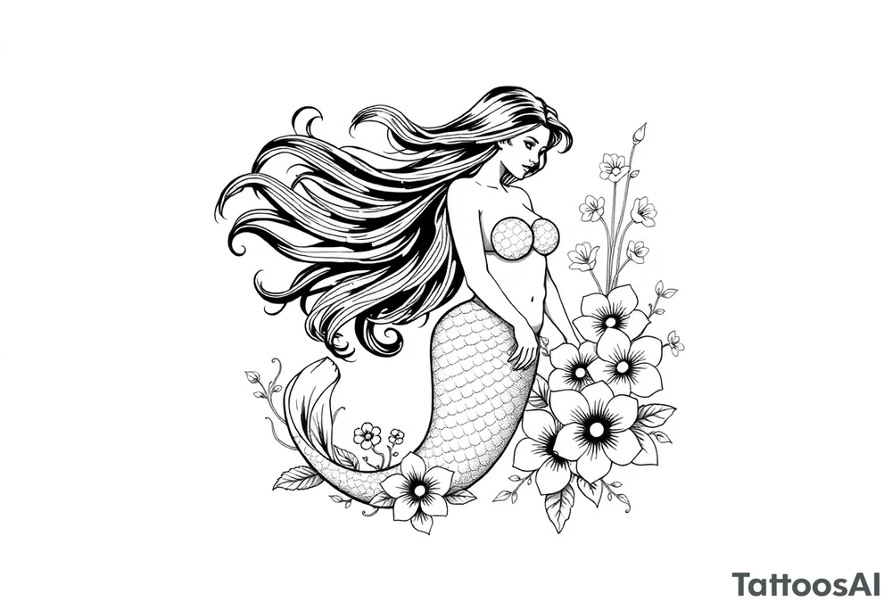 ethereal mermaid with flowing hair among coral and sea flowers tattoo idea