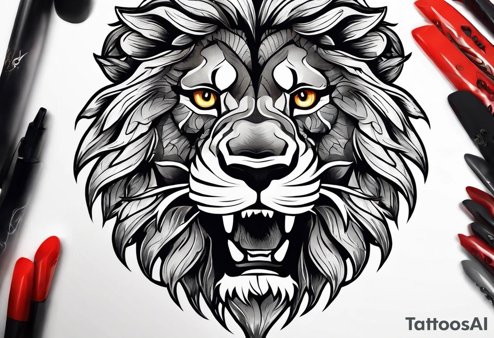 Create an oak tree in the shape of a roaring lion tattoo idea