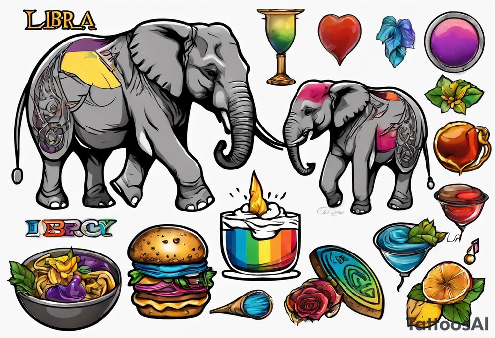 Libra, Massachusetts, elephant, pride colors, music, food tattoo idea