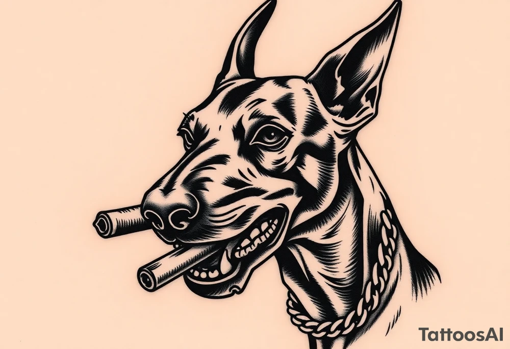 Angry doberman with a cigar and gold chain tattoo idea