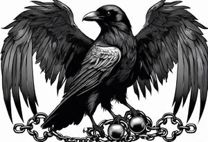 A raven with two skulls hanging from its talons by an old chain tattoo idea