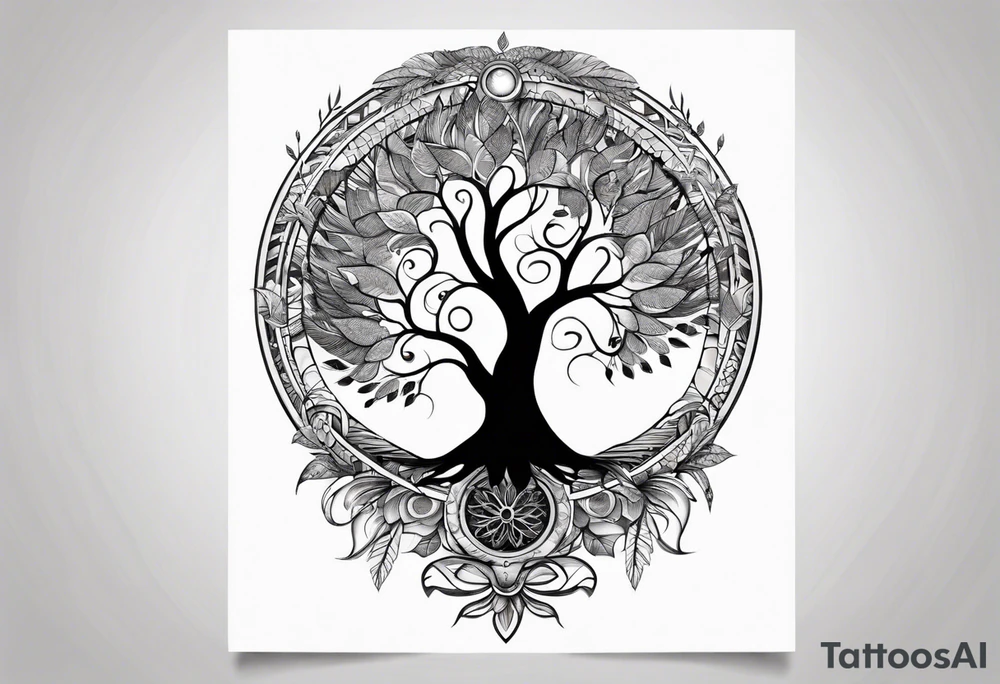 tattoo drawing of a feather with a circle of life tree inside tattoo idea