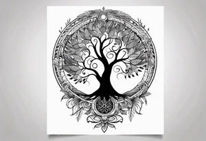 tattoo drawing of a feather with a circle of life tree inside tattoo idea