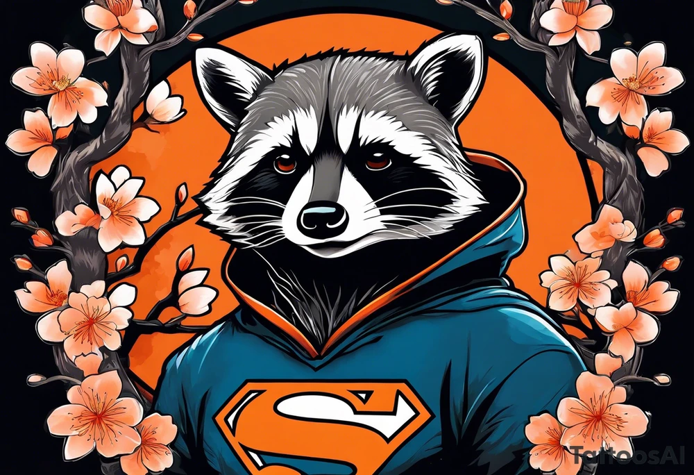 Raccoon wearing a white Superman logo on a black hoodie and orange Japanese cherry blossoms tattoo idea