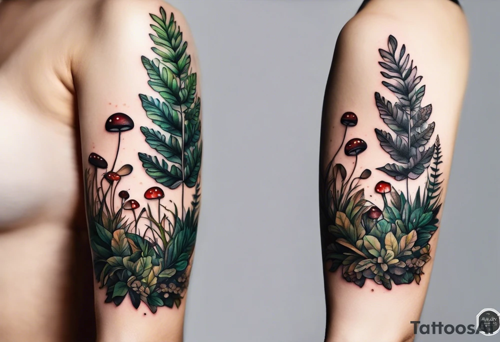 forest floor inspired minimalist tattoo, which includes grass, curly ferns, moss and dead leaves as the bulk of the tattoo. details to include: forest berries, a tiny bumblebee flying nearby, three small brown mushrooms
Generate a vertically long one tattoo idea