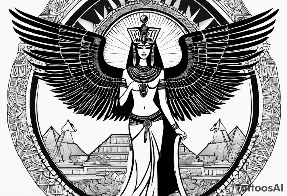 black and white Egyptian goddess Isis, who is often depicted as a woman with outstretched wings, holding an ankh (a symbol of life) in one hand and a lotus flower in the other. Her headdress often includes a throne or a solar disk. The tattoo design can vary in style and size, but it typically aims to capture the essence of this revered Egyptian deity, emphasizing her beauty, power, and maternal qualities. The choice of colors and additional elements can also be customized to create a unique and visually striking representation of the goddess Isis tattoo idea