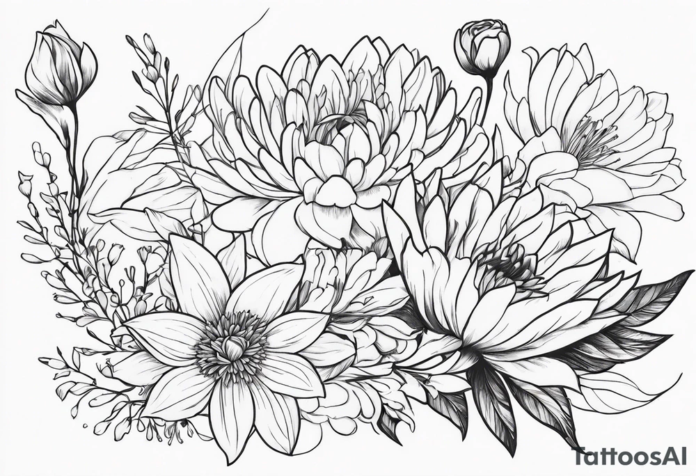 Asters, roses, lily, and chrysanthemums in a stretched line tattoo idea