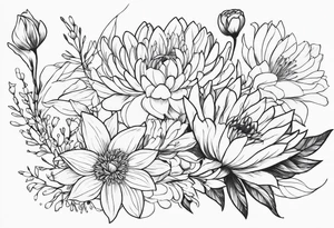 Asters, roses, lily, and chrysanthemums in a stretched line tattoo idea