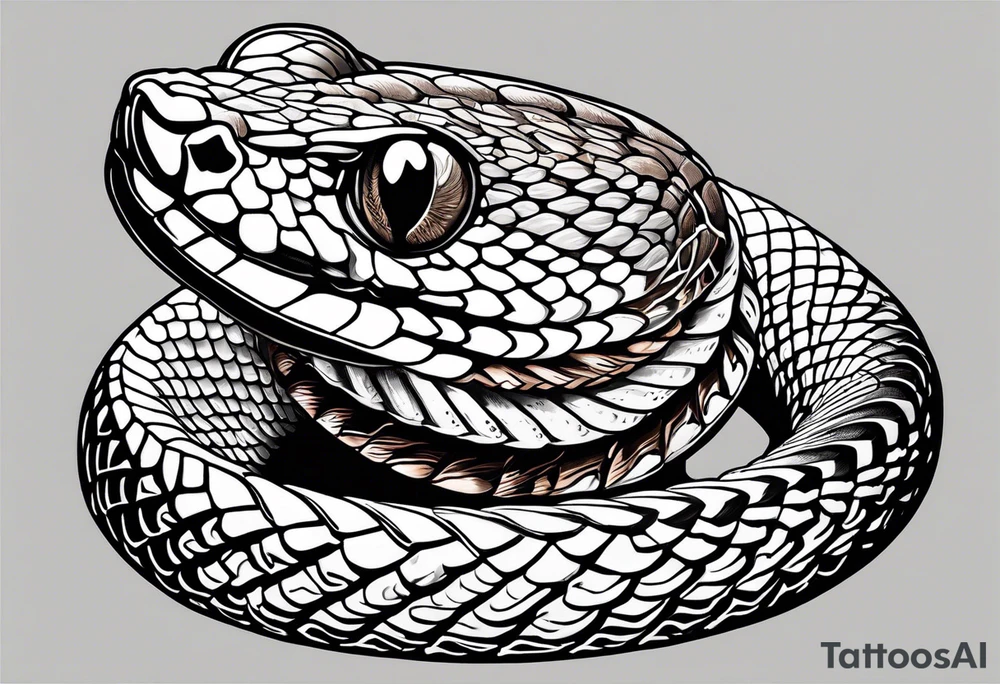 Copperhead coiled up with head turned up and mouth open and copper colored eyes tattoo idea