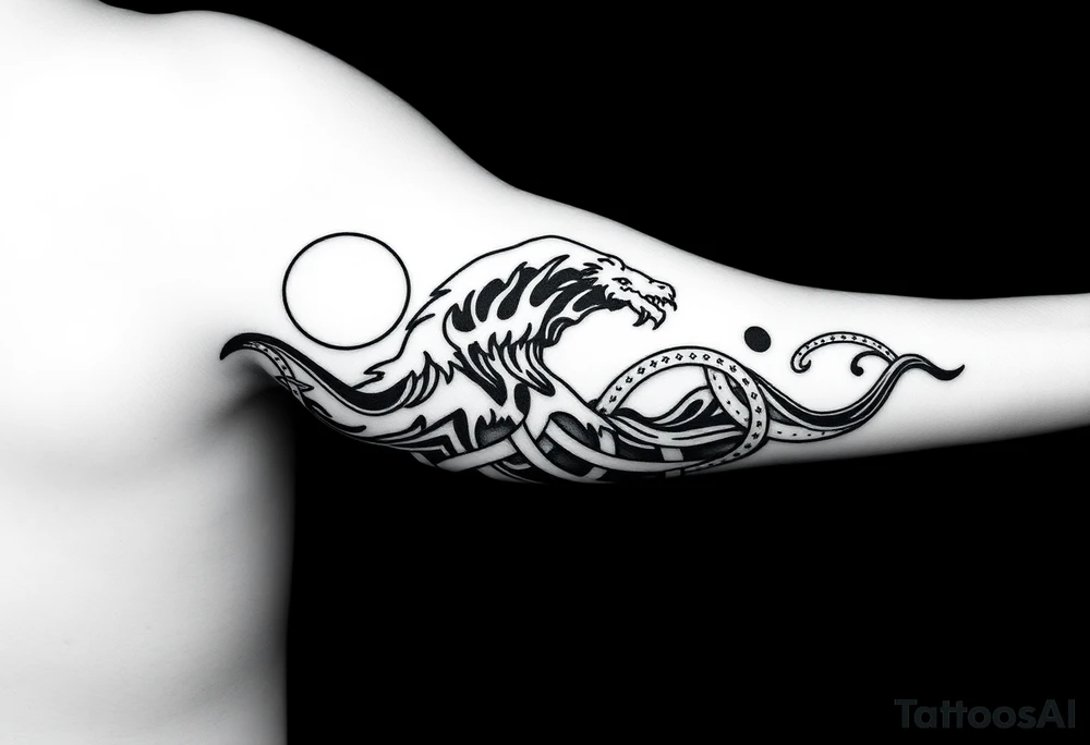 Wrap-around tattoo design, black and white, forearm placement. Continuous flowing band divided into three thematic sections that merge smoothly: sky with moon, stylized sea wave, Norse knotwork ornament. Each section wraps around the arm but transitions seamlessly into the next. Elegant, mythological marine style, line art with high contrast, stencil-ready. tattoo idea