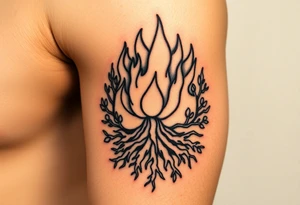 flame and blooming roots circle tattoo idea