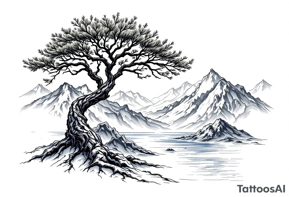 acacia tree with mountains and the ocean tattoo idea