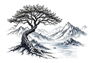 acacia tree with mountains and the ocean tattoo idea