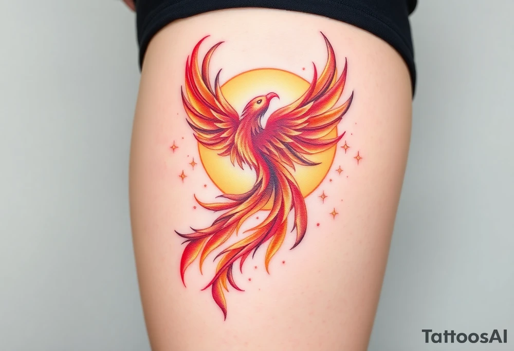 magnificent  phoenix rising from flames with trailing embers  and golden sunset and sky with puffy clouds and heaven backdrop pinks reds orange and yellows and golds with sparkles tattoo idea