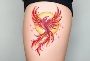 magnificent  phoenix rising from flames with trailing embers  and golden sunset and sky with puffy clouds and heaven backdrop pinks reds orange and yellows and golds with sparkles tattoo idea