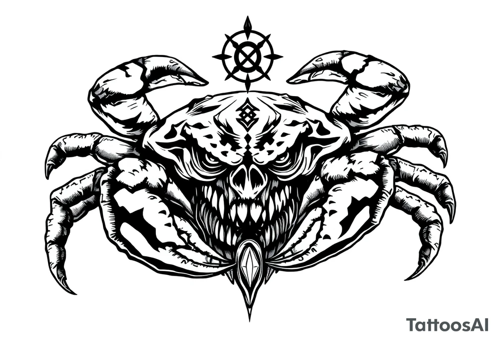 An angry crab with an angry unnatural face its claws scary with a zodiac symbol prominent tattoo idea