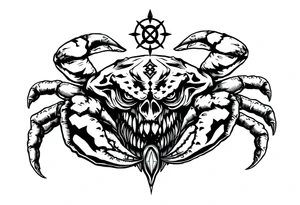 An angry crab with an angry unnatural face its claws scary with a zodiac symbol prominent tattoo idea