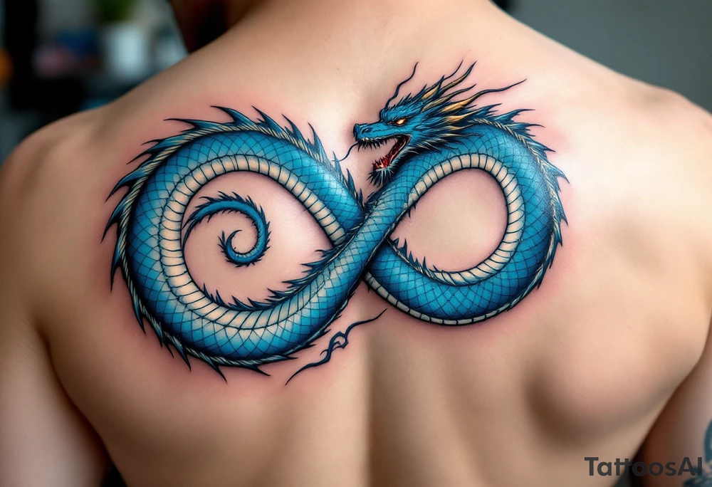 The design features a dragon, coiled in the shape of the infinity symbol (sideways number "8"). The dragon is depicted eating its own tail, symbolizing eternity and continuity, inspired by the Ouroboros.

Details:

The dragon's body has vibrant, glossy blue scales, with a smooth and polished texture.
It maintains a clean, balanced shape in the infinity figure, with sharp details and elegant flow.
Style:

The focus remains on the dragon's form, with no additional background elements to keep the design minimal and modern. tattoo idea