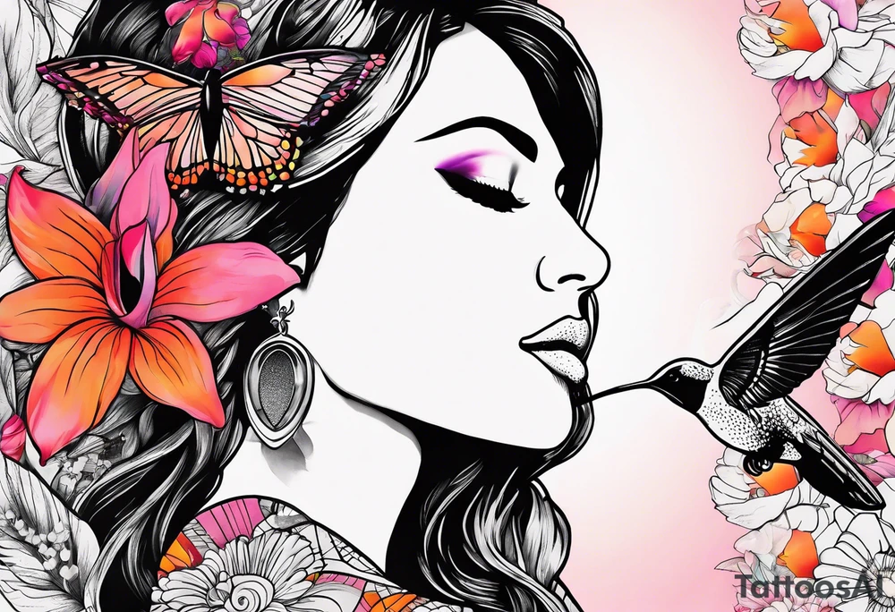 hummingbird, lady face, flowers, bold color, collage, pink, orange, red, hot air balloon tattoo idea