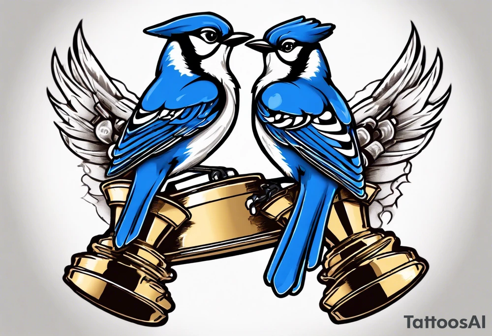 mean looking bluejay holding a trophy tattoo idea