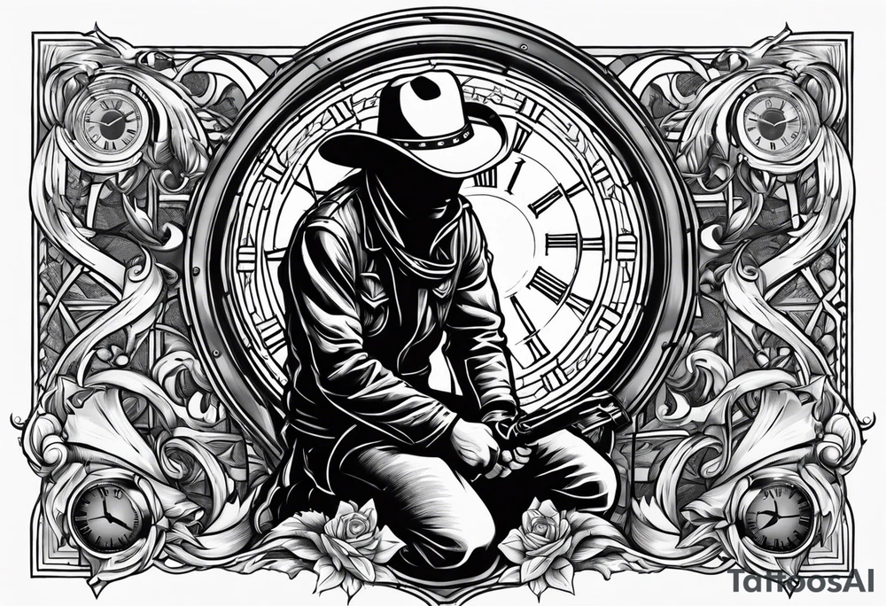Welding hood on cross, sunshine, pocket watch with time, cowboy kneeling tattoo idea