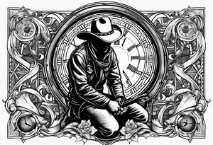 Welding hood on cross, sunshine, pocket watch with time, cowboy kneeling tattoo idea