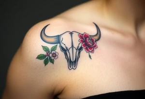 Buffalo or bison skull with flowers. Snow drop and red peony. Green holly with red berries, purple larkspur, red peony.  Colour. For upper arm or shoulder. tattoo idea