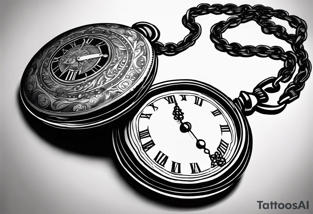 An old pocket watch with Chain and Roman numerals showing the time seven minutes past half two. The lid of the watch must have the zodiac sign Aries engraved on it tattoo idea