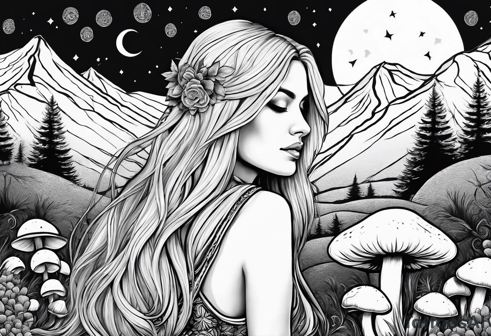 Blonde long straight hair older woman surrounded by mushrooms facing mountains crescent moon background tattoo idea