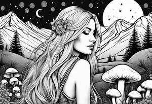 Blonde long straight hair older woman surrounded by mushrooms facing mountains crescent moon background tattoo idea
