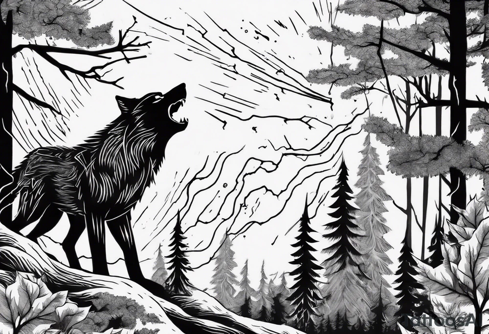 lightning storm over a forest with a distant wolf howling tattoo idea