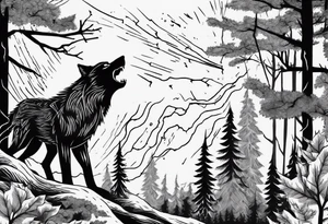 lightning storm over a forest with a distant wolf howling tattoo idea