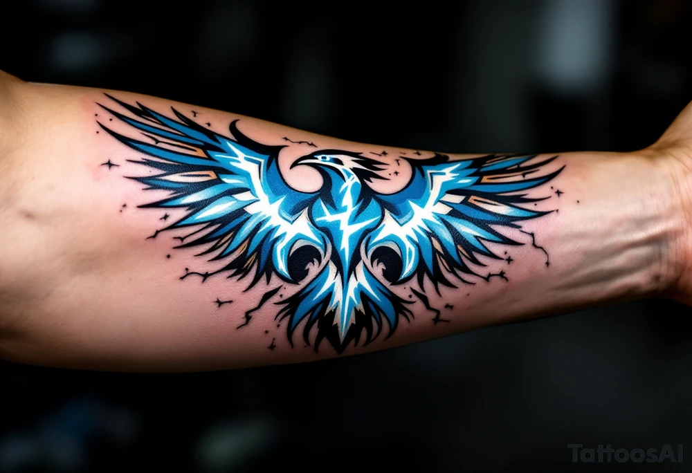 A blue and white thunderbird with lightning motifs and angular tribal lines. tattoo idea