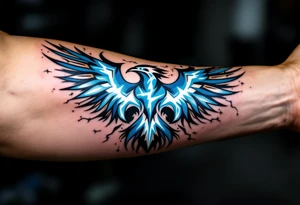 A blue and white thunderbird with lightning motifs and angular tribal lines. tattoo idea