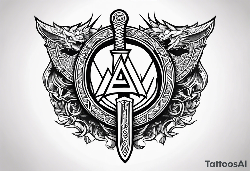 Valhalla sword shield dragon axe Valknut tattoo idea