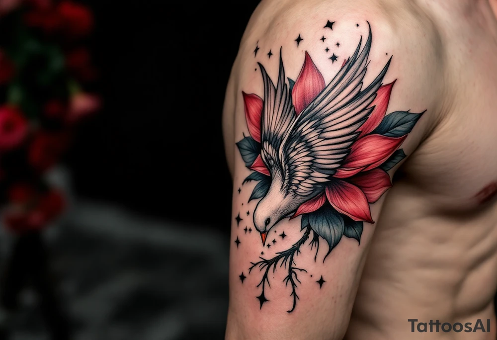 a dove drinking from an egyptian lotus (red and black) tattoo idea