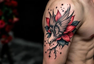 a dove drinking from an egyptian lotus (red and black) tattoo idea